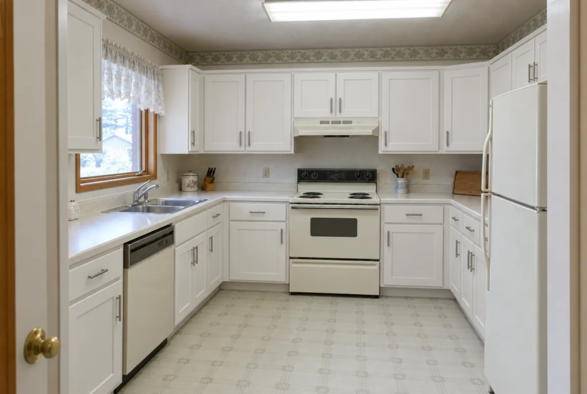 The same kitchen with the oak doors and drawer fronts replaced by white shaker fronts, layout, counters and appliances unchanged