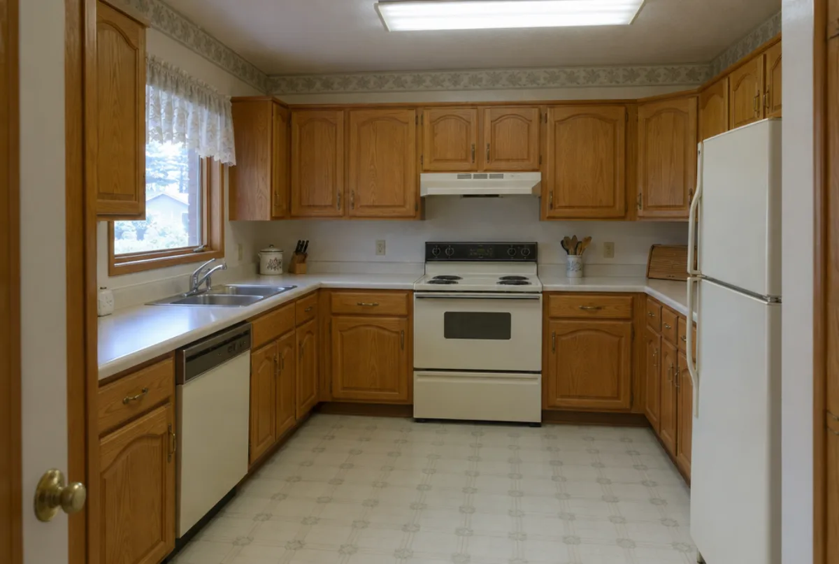 Dated kitchen with honey oak raised-panel cabinets, laminate counters, an almond range and a fluorescent ceiling light