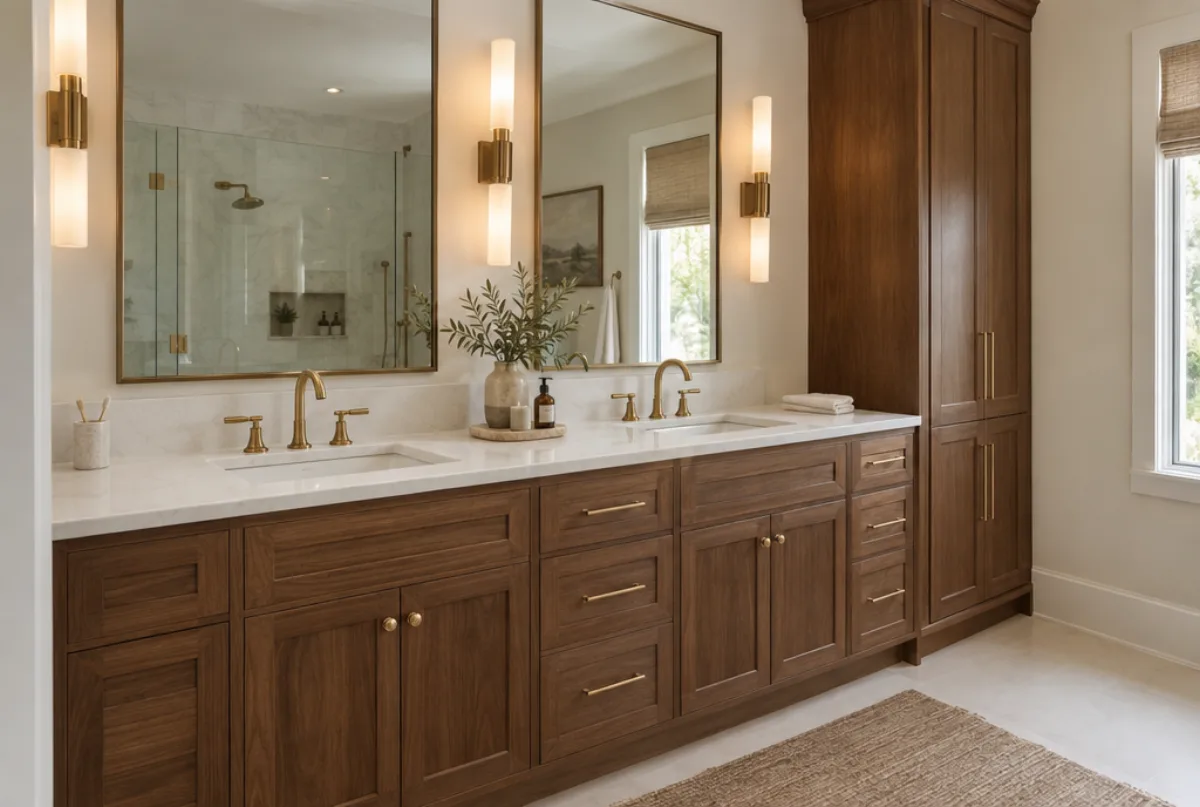 Bathroom double vanity in warm walnut with a white quartz top, two undermount sinks, brass faucets and a tall linen cabinet under a wide mirror