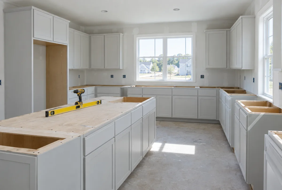 New-construction kitchen with white cabinets set and levelled, no countertops yet, a level and drill on the plywood subtop