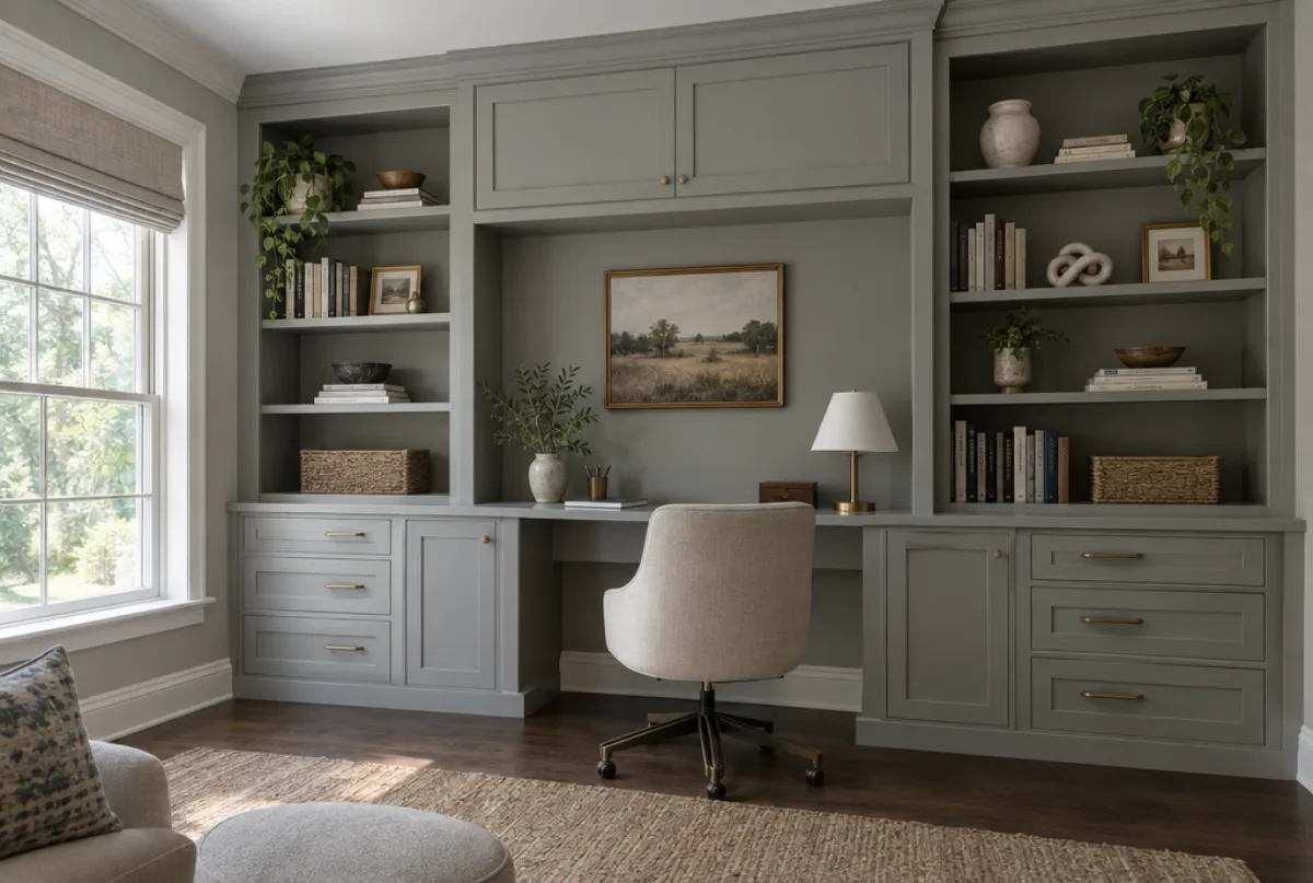 Home office wall of grey painted built-in cabinets and open shelves with a built-in desk and chair, a window at the side