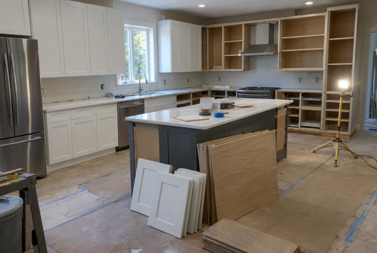 Kitchen mid-refacing, new white shaker doors hung on the left run, bare boxes with doors removed on the right, new doors leaning against the island