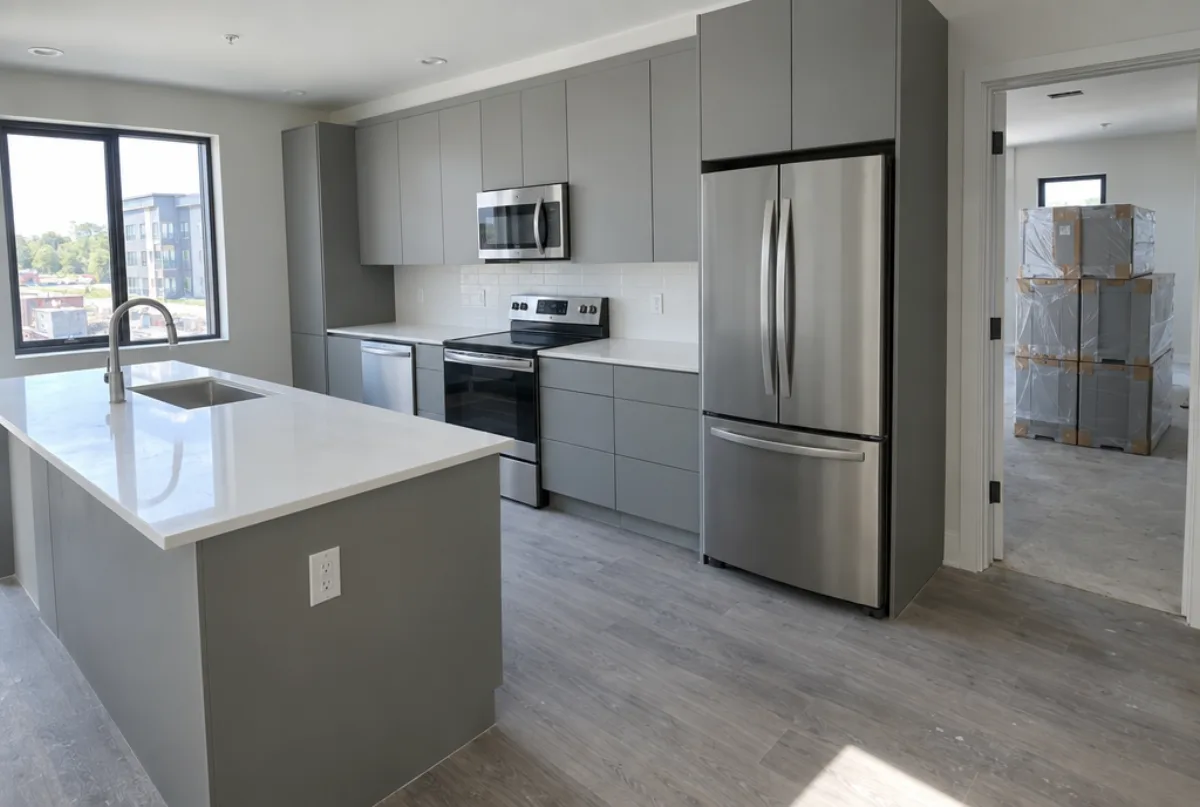 New apartment kitchen with flat-panel grey cabinets, a white quartz island and stainless appliances, wrapped cabinet boxes stacked in the next room