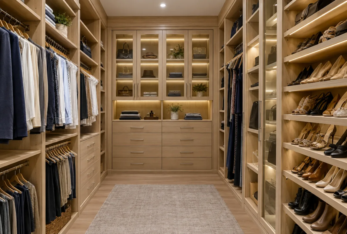 Fitted walk-in closet in white oak with double-hang and long-hang sections, lit glass cabinets, a drawer bank and angled shoe shelves