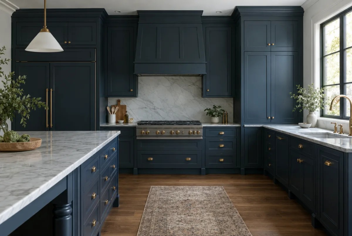Custom kitchen with floor-to-ceiling navy cabinets, a paneled range hood, marble backsplash and brass hardware, a marble-topped navy island in front
