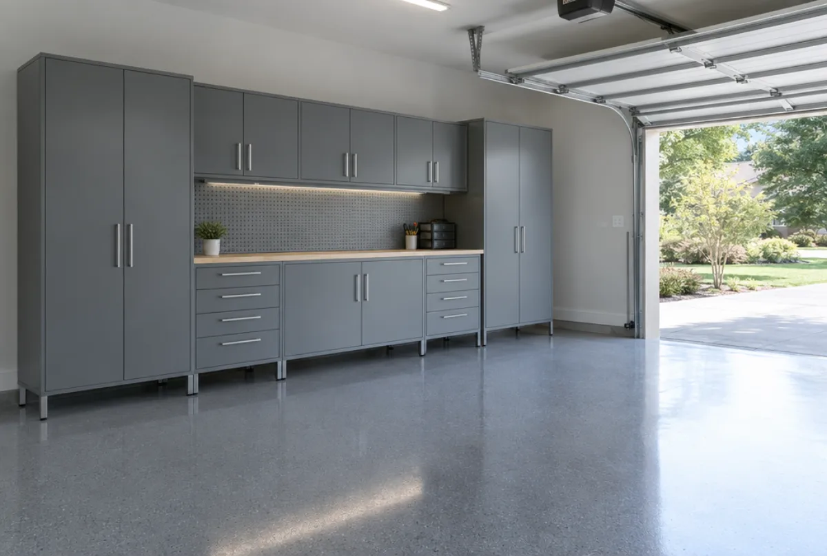 Clean two-car garage with a wall of grey steel cabinets raised on legs, a workbench counter and a speckled epoxy floor, the garage door open
