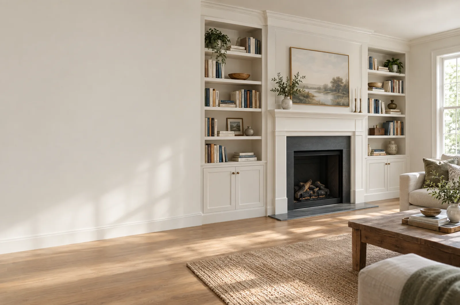 Living room wall of warm white built-in bookcases around a fireplace, shelves holding books and a landscape painting, a jute rug and wood table in front