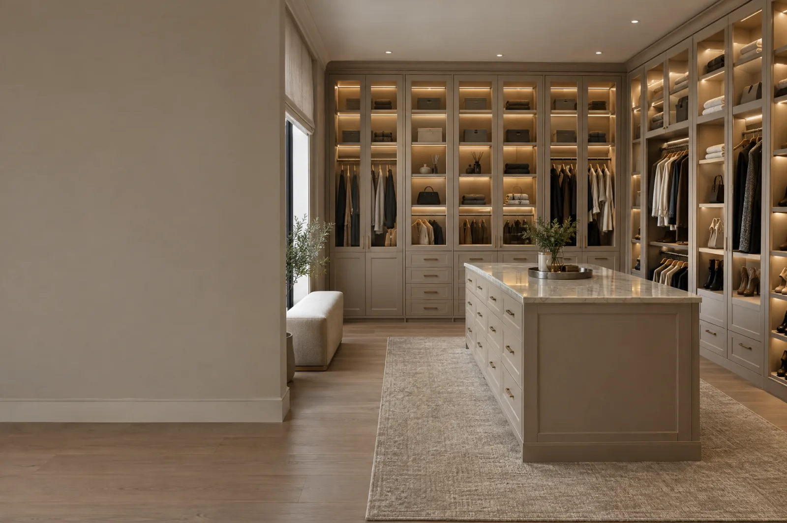 Walk-in closet with floor-to-ceiling taupe cabinetry, lit glass-front upper cabinets, hanging sections and a drawer island in the centre