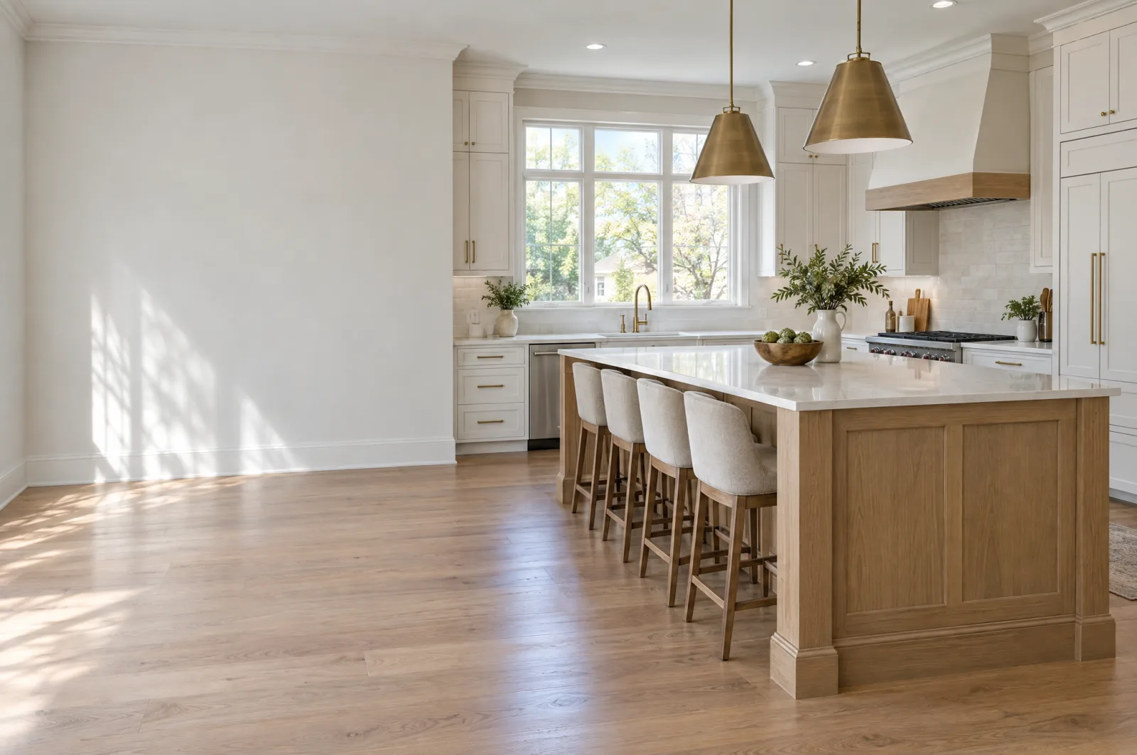 Bright kitchen with white shaker cabinets and brass pulls, a white oak island with four upholstered stools under two brass pendants, sunlight across a wood floor