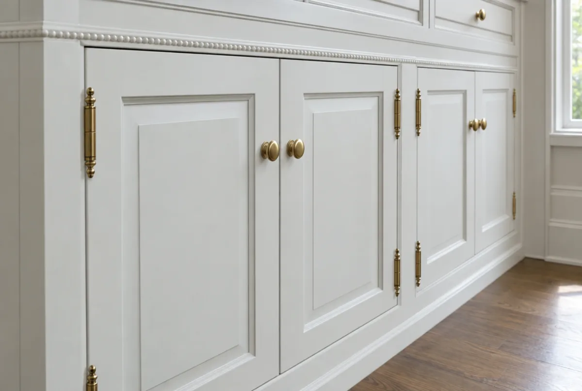 Close view of white inset cabinet doors set flush inside a beaded face frame with brass finial hinges and knobs, showing the even reveal around each door