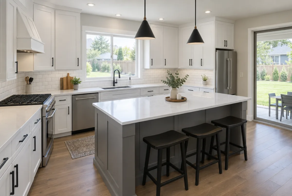 Newly installed kitchen with white shaker cabinets and black pulls, a grey island with three black stools, white quartz and subway tile