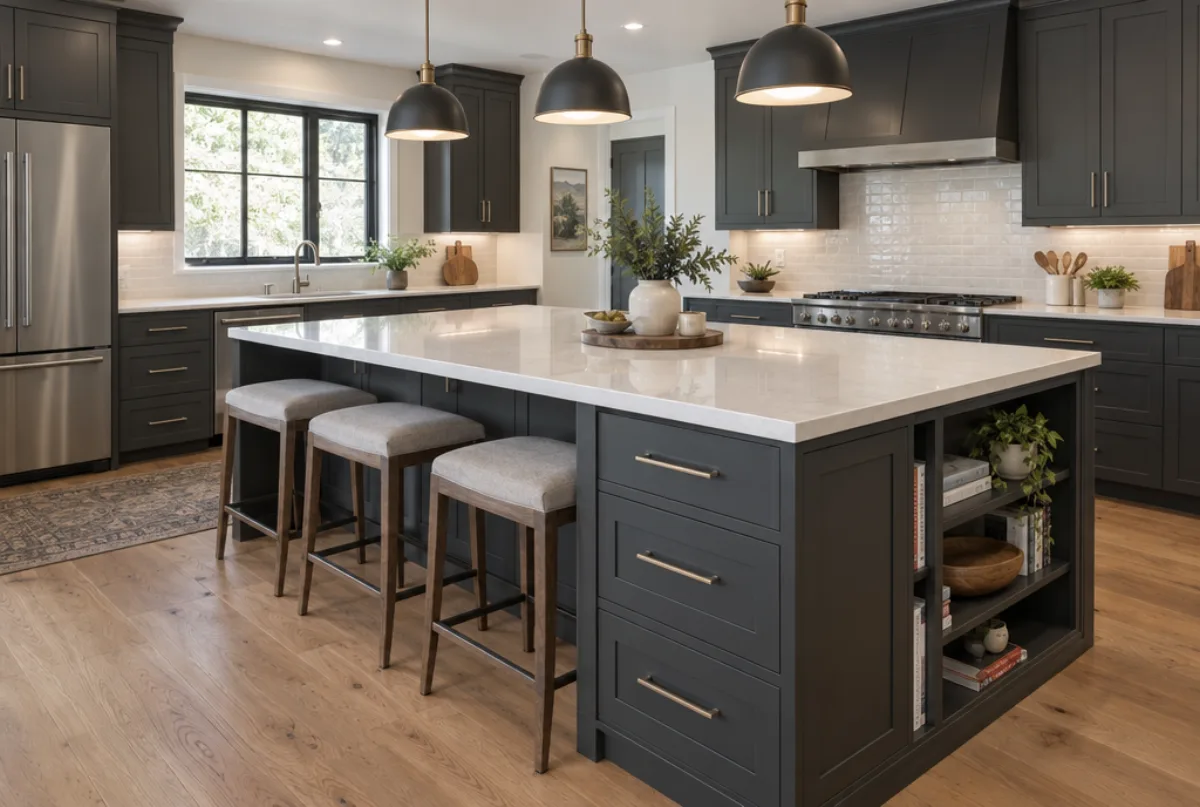 Large charcoal kitchen island with drawers and an end bookcase, a white quartz top, three upholstered stools and pendant lights above