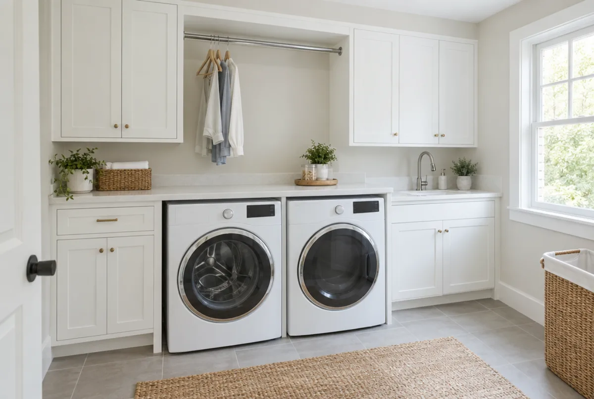 Laundry room with white upper and lower cabinets around a front-loading washer and dryer under a quartz folding counter, a hanging rod above
