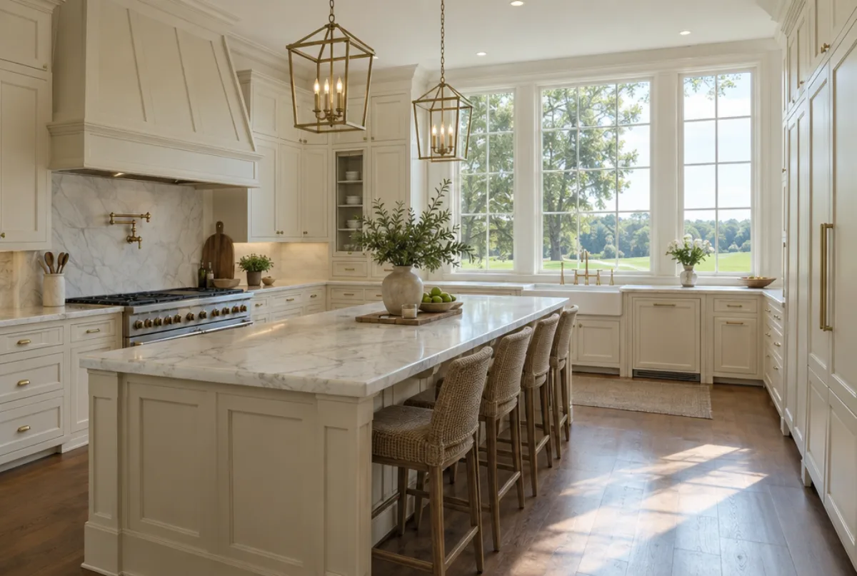 Large cream painted kitchen with a marble-topped island, a paneled range hood and tall windows onto a lawn under lantern pendants