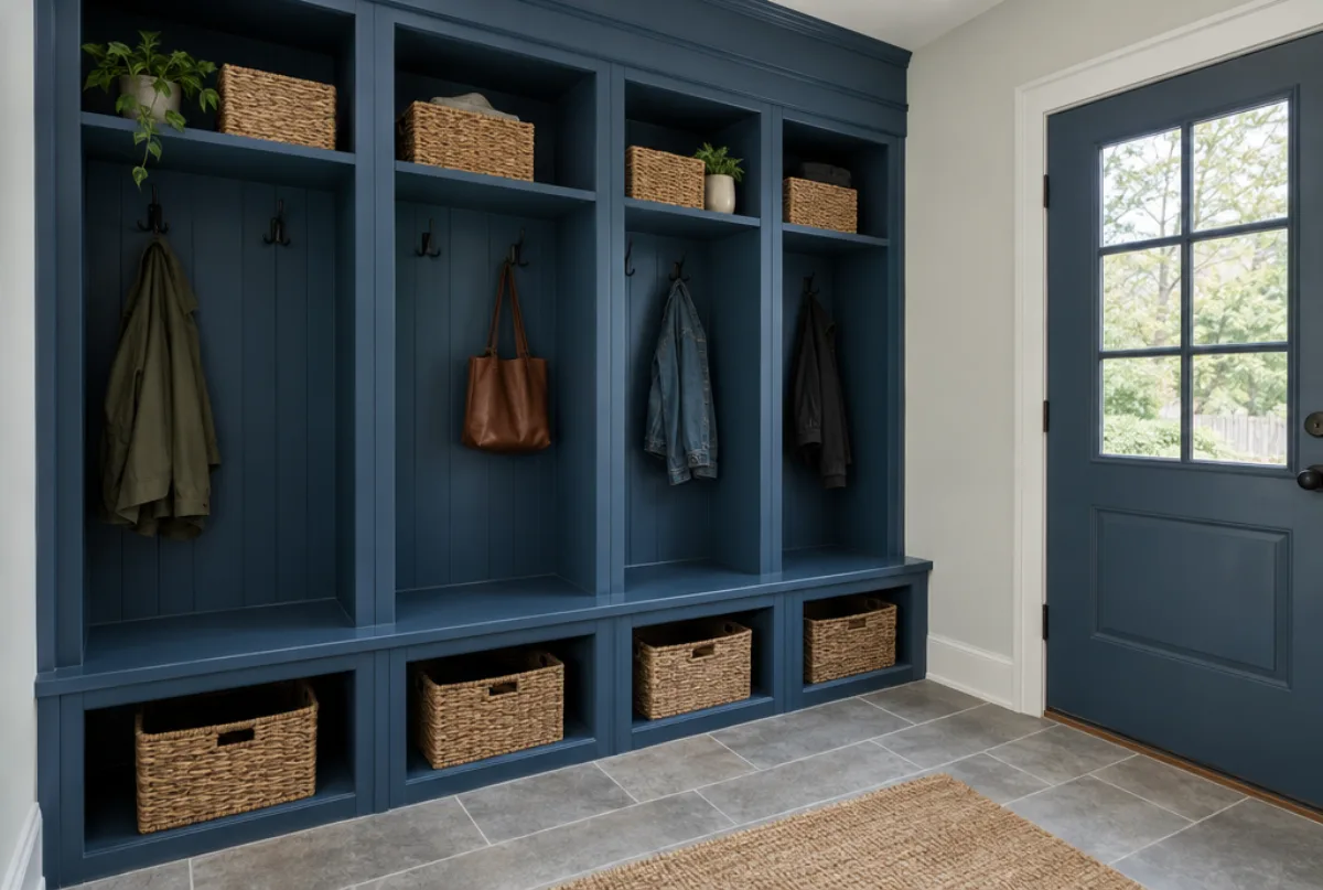 Mudroom with four deep blue built-in lockers, each with a bench, hooks and a basket cubby, beside a glazed exterior door