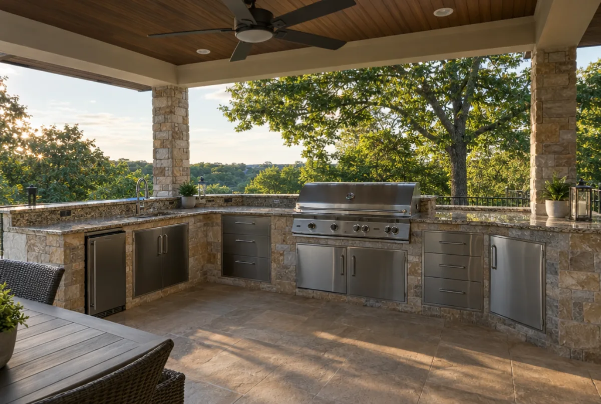 Covered patio outdoor kitchen with stainless steel cabinet doors and drawers under a stone counter, a built-in grill and a ceiling fan, trees beyond