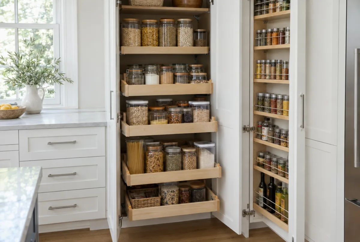 Tall pantry cabinet with doors open showing roll-out trays of jars and dry goods and a pull-out spice rack, in a white kitchen