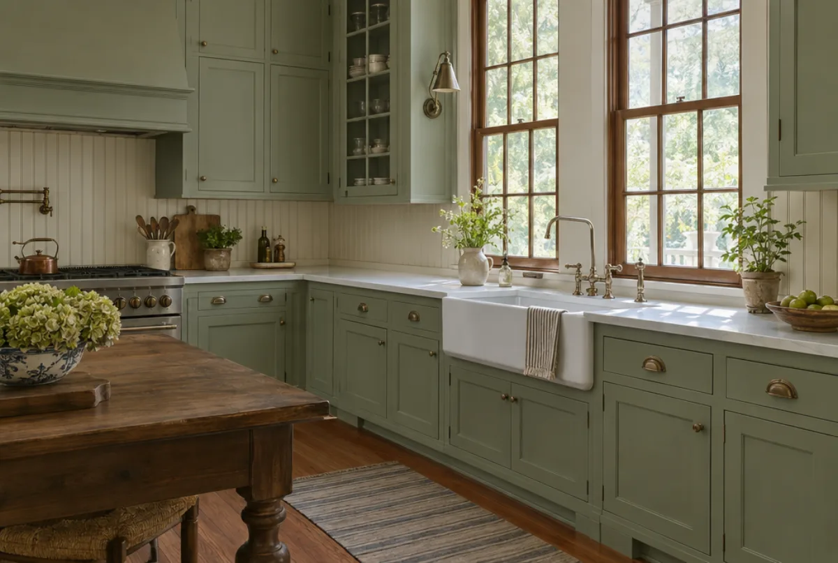 Kitchen with sage green inset cabinets, a beadboard backsplash, a farmhouse sink and tall wood-framed windows