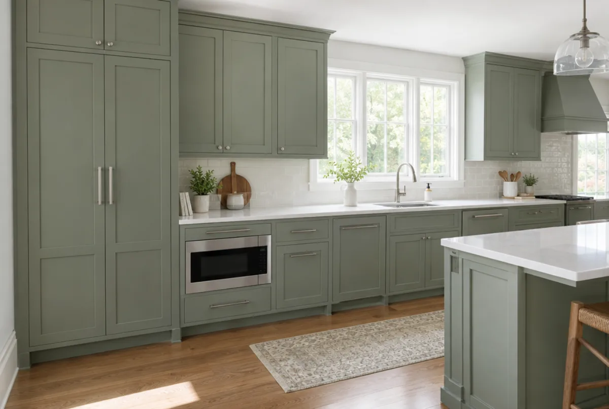 Kitchen with sage green semi-custom cabinets, a tall pantry, a microwave drawer, nickel pulls and white quartz counters in daylight