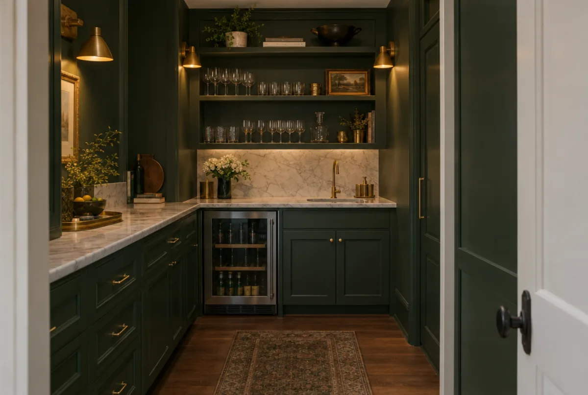 Butler's pantry with deep green cabinets, an undercounter beverage fridge, a small sink, marble counter and open shelves of glassware under sconces