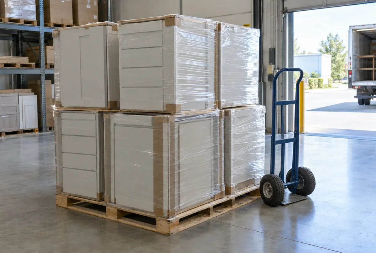 Assembled cabinet boxes in stretch wrap stacked on pallets on a warehouse floor beside a hand truck, a loading door open to daylight